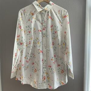 Lands End No Iron Supima Cotton Floral White‎ Button Up Women's Shirt 16W